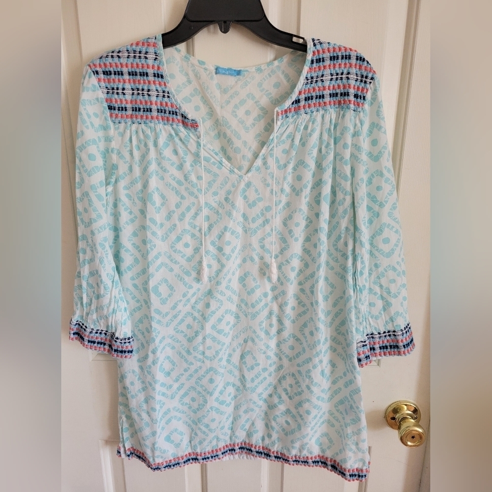 J. McLaughlin Embroidered Yoke Tassel Printed Tunic Top Size Large